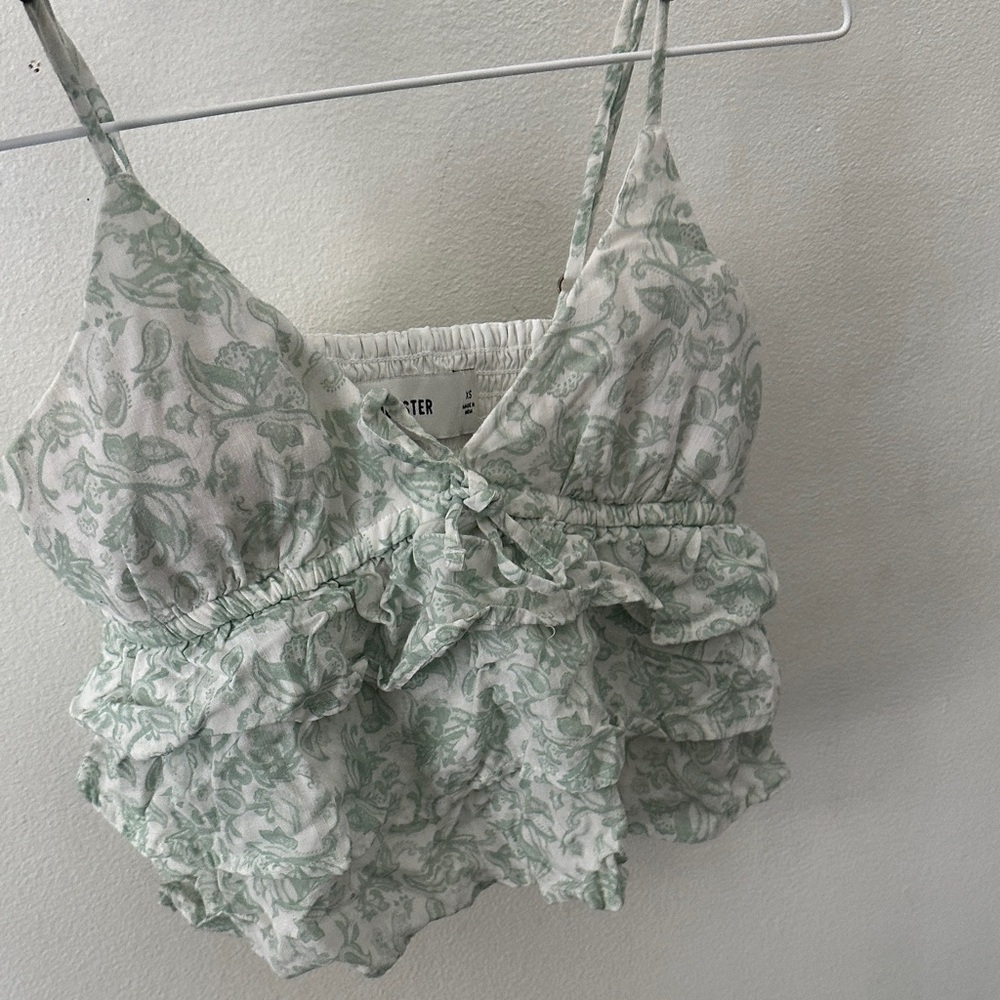 Hollister White and Green Smocked Top